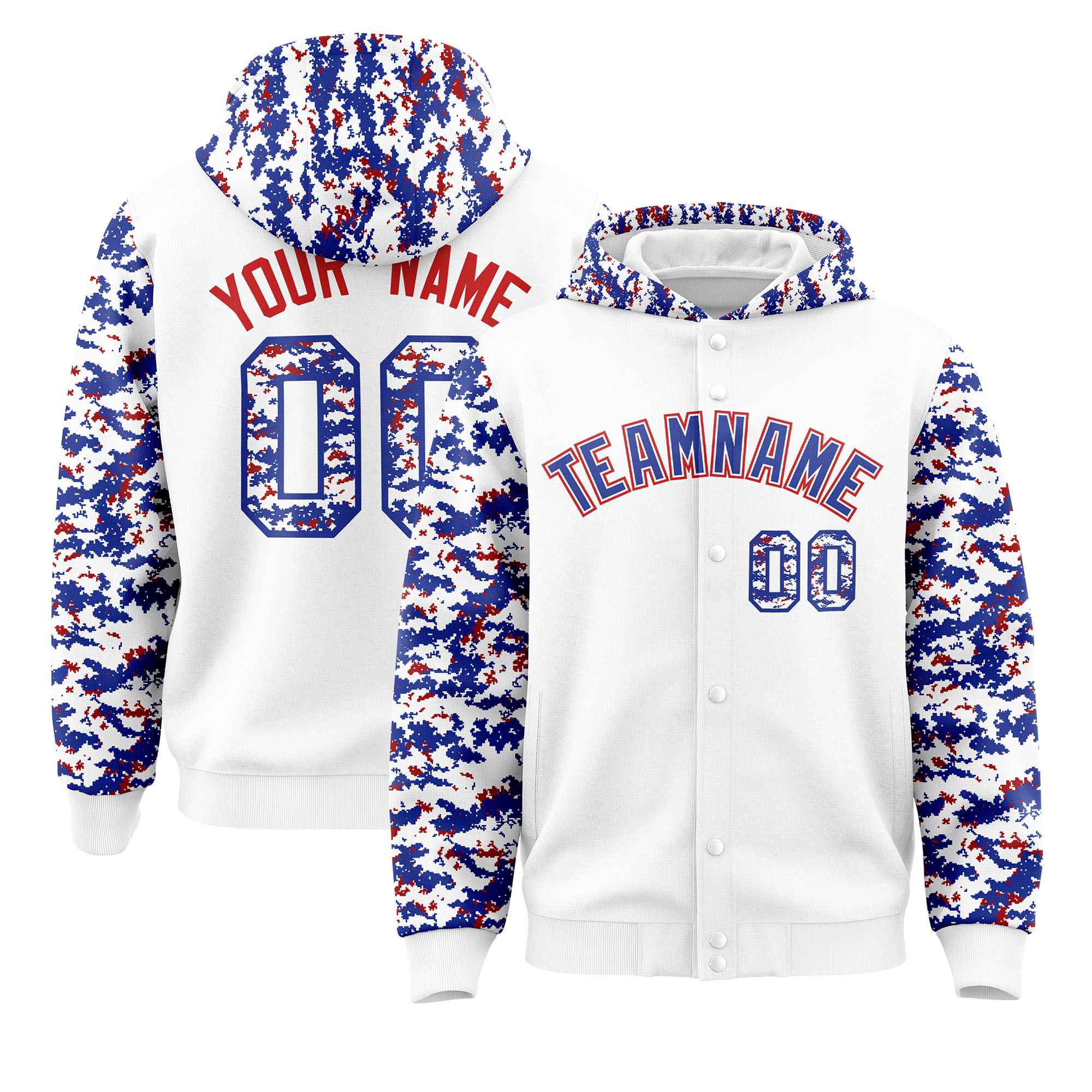 Custom White Royal-Red Raglan Sleeves Varsity Full-Snap Letterman Camo Hoodie Jacket