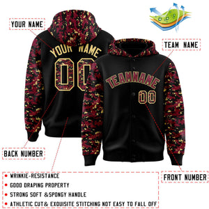 Custom Black Crimson-Khaki Raglan Sleeves Varsity Full-Snap Letterman Camo Hoodie Jacket