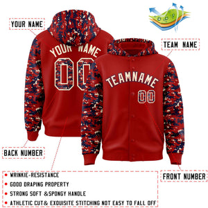 Custom Red Navy-Cream Raglan Sleeves Varsity Full-Snap Letterman Camo Hoodie Jacket