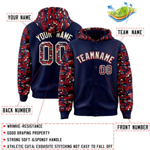 Custom Navy Red-Cream Raglan Sleeves Varsity Full-Snap Letterman Camo Hoodie Jacket