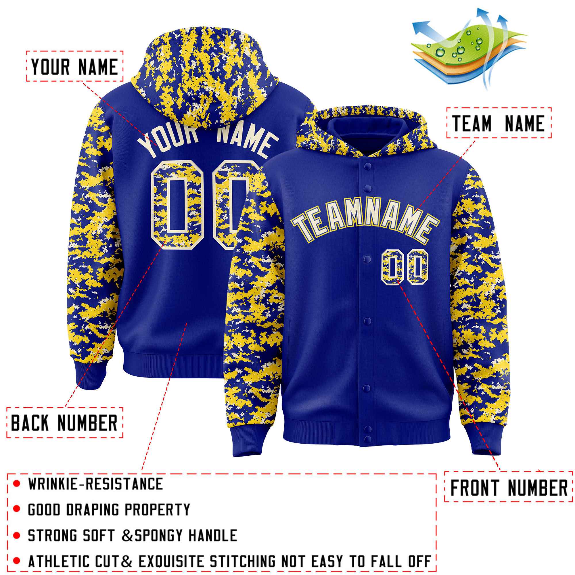 Custom Royal Gold-Cream Raglan Sleeves Varsity Full-Snap Letterman Camo Hoodie Jacket