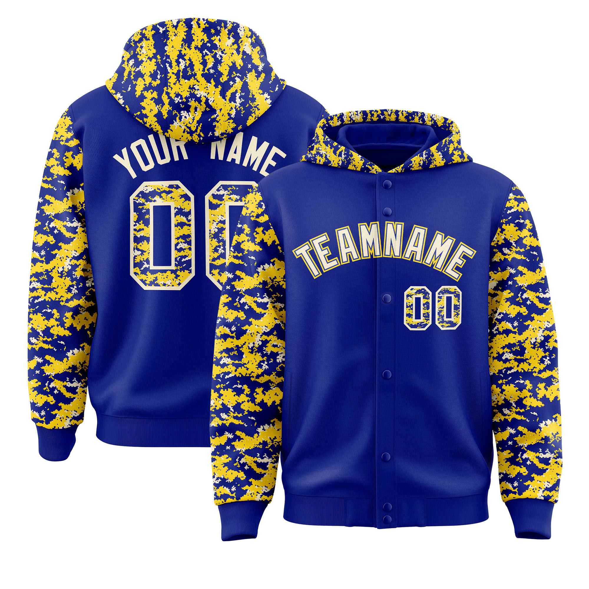 Custom Royal Gold-Cream Raglan Sleeves Varsity Full-Snap Letterman Camo Hoodie Jacket