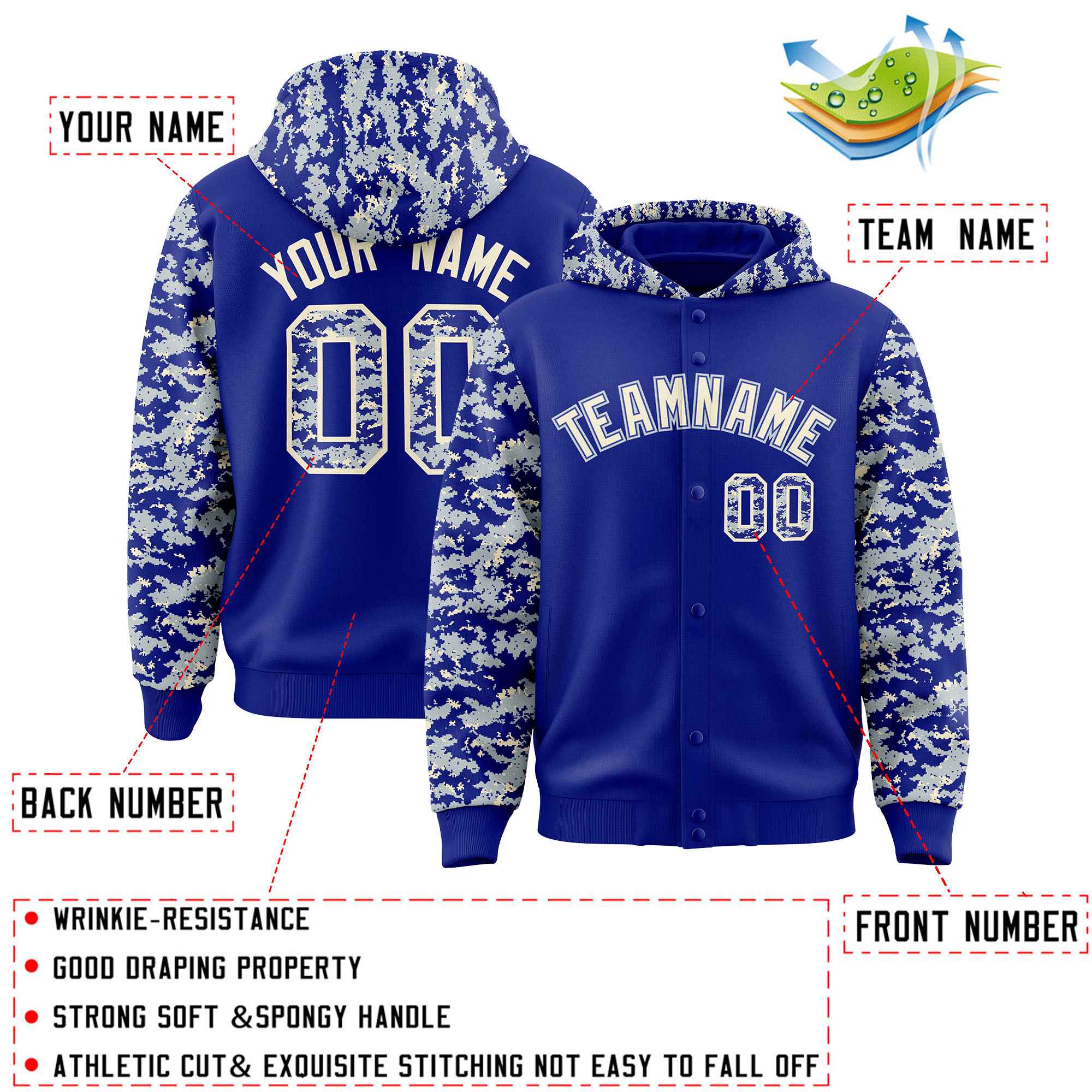 Custom Royal Silver-Cream Raglan Sleeves Varsity Full-Snap Letterman Camo Hoodie Jacket