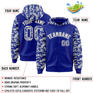 Custom Royal Silver-Cream Raglan Sleeves Varsity Full-Snap Letterman Camo Hoodie Jacket