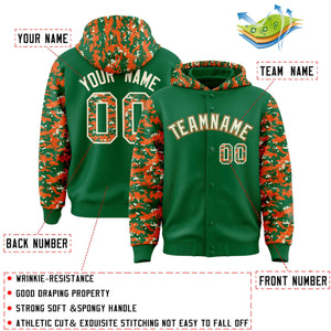 Custom Kelly Green Orange-Cream Raglan Sleeves Varsity Full-Snap Letterman Camo Hoodie Jacket