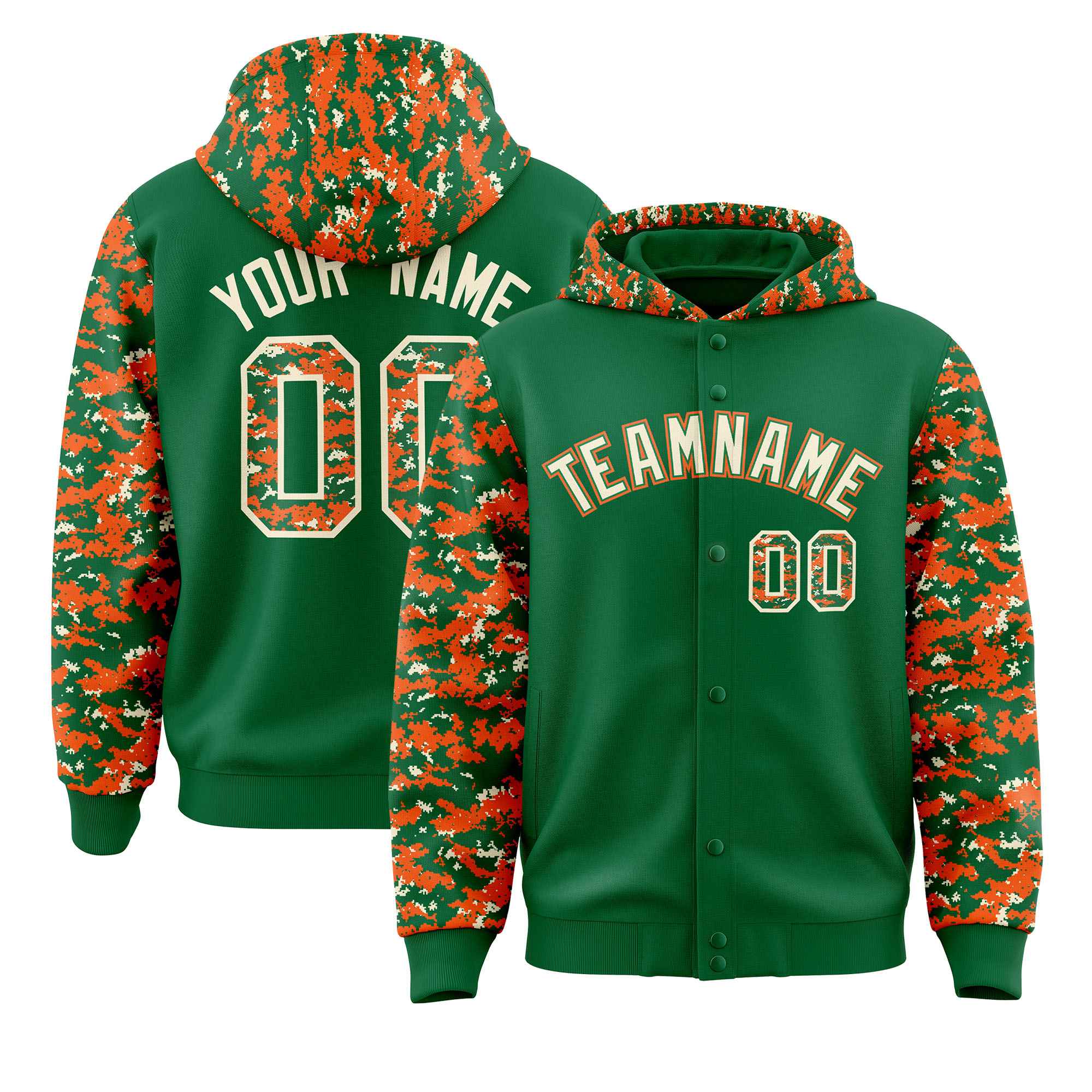 Custom Kelly Green Orange-Cream Raglan Sleeves Varsity Full-Snap Letterman Camo Hoodie Jacket