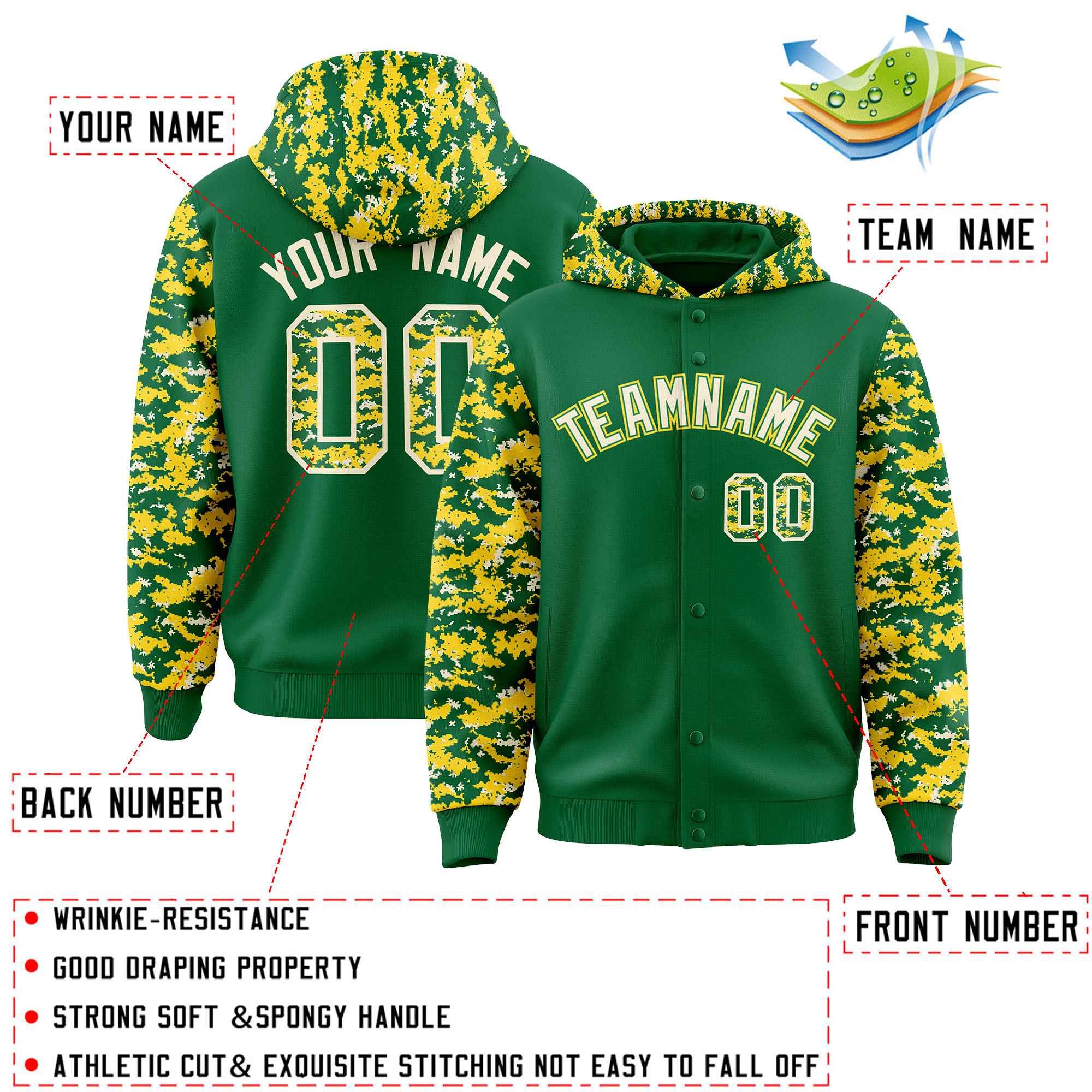 Custom Kelly Green Gold-Cream Raglan Sleeves Varsity Full-Snap Letterman Camo Hoodie Jacket