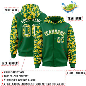 Custom Kelly Green Gold-Cream Raglan Sleeves Varsity Full-Snap Letterman Camo Hoodie Jacket