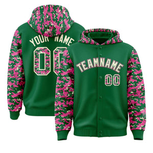 Custom Kelly Green Pink-Cream Raglan Sleeves Varsity Full-Snap Letterman Camo Hoodie Jacket