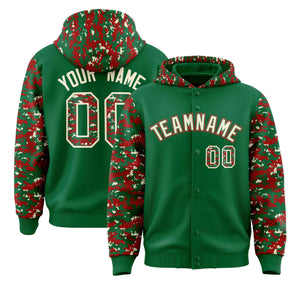 Custom Kelly Green Red-Cream Raglan Sleeves Varsity Full-Snap Letterman Camo Hoodie Jacket