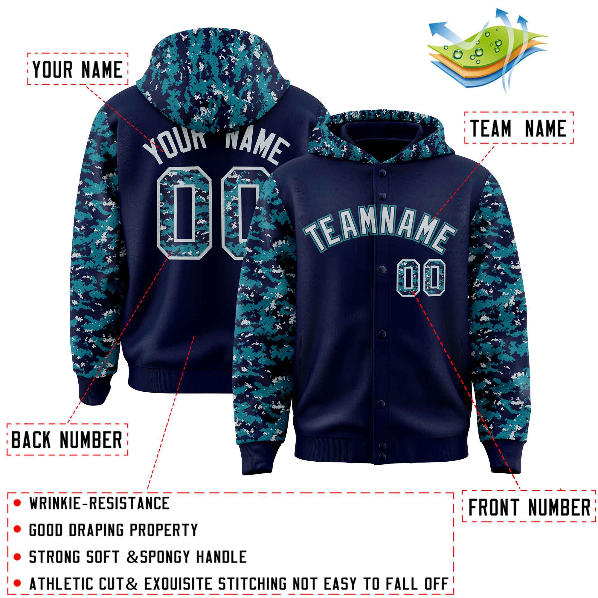 Custom Navy Aqua-Silver Raglan Sleeves Varsity Full-Snap Letterman Camo Hoodie Jacket