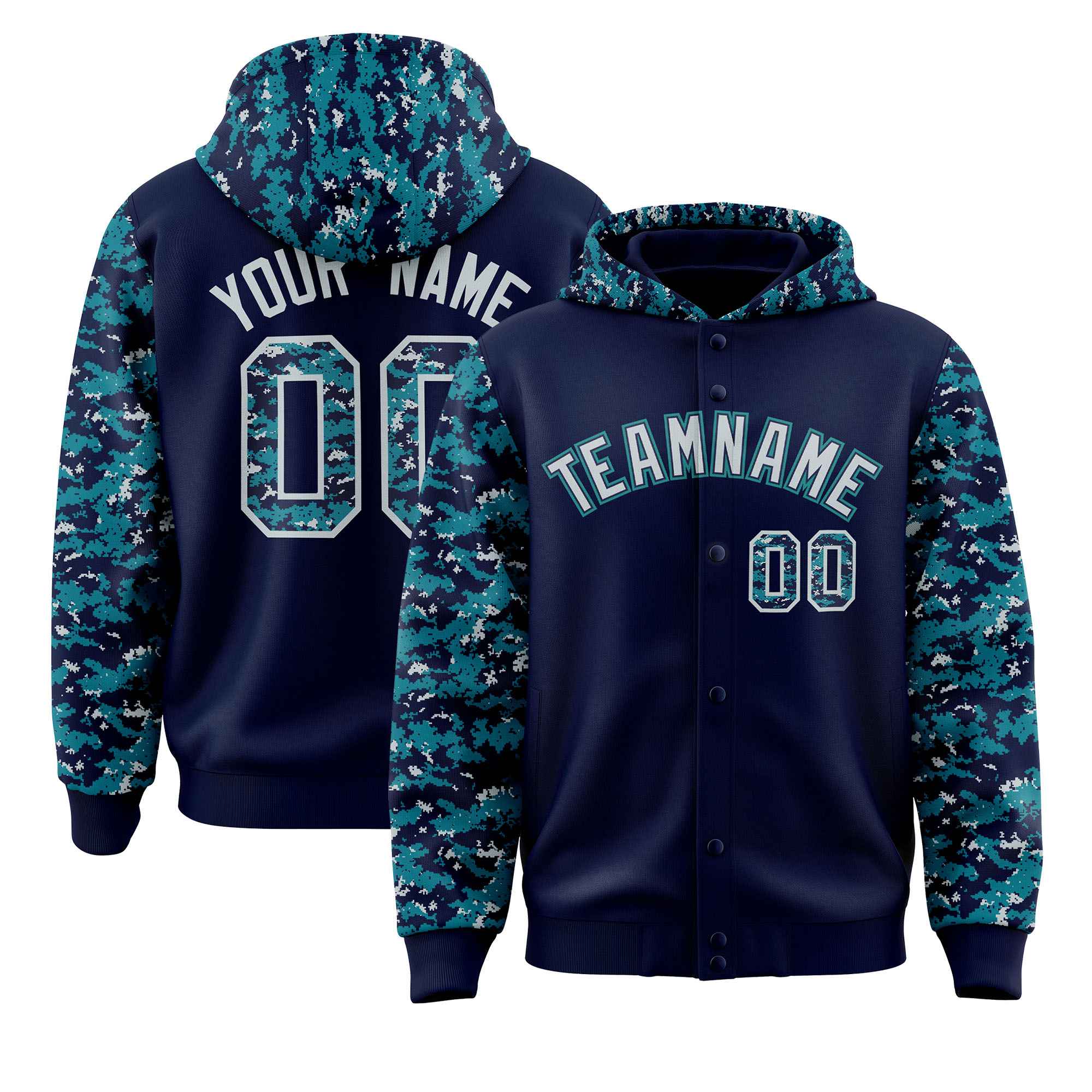 Custom Navy Aqua-Silver Raglan Sleeves Varsity Full-Snap Letterman Camo Hoodie Jacket