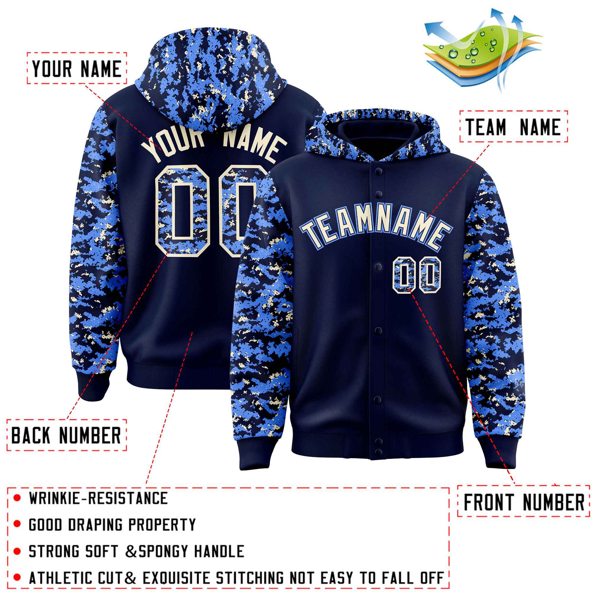 Custom Navy Powder Blue-Cream Raglan Sleeves Varsity Full-Snap Letterman Camo Hoodie Jacket