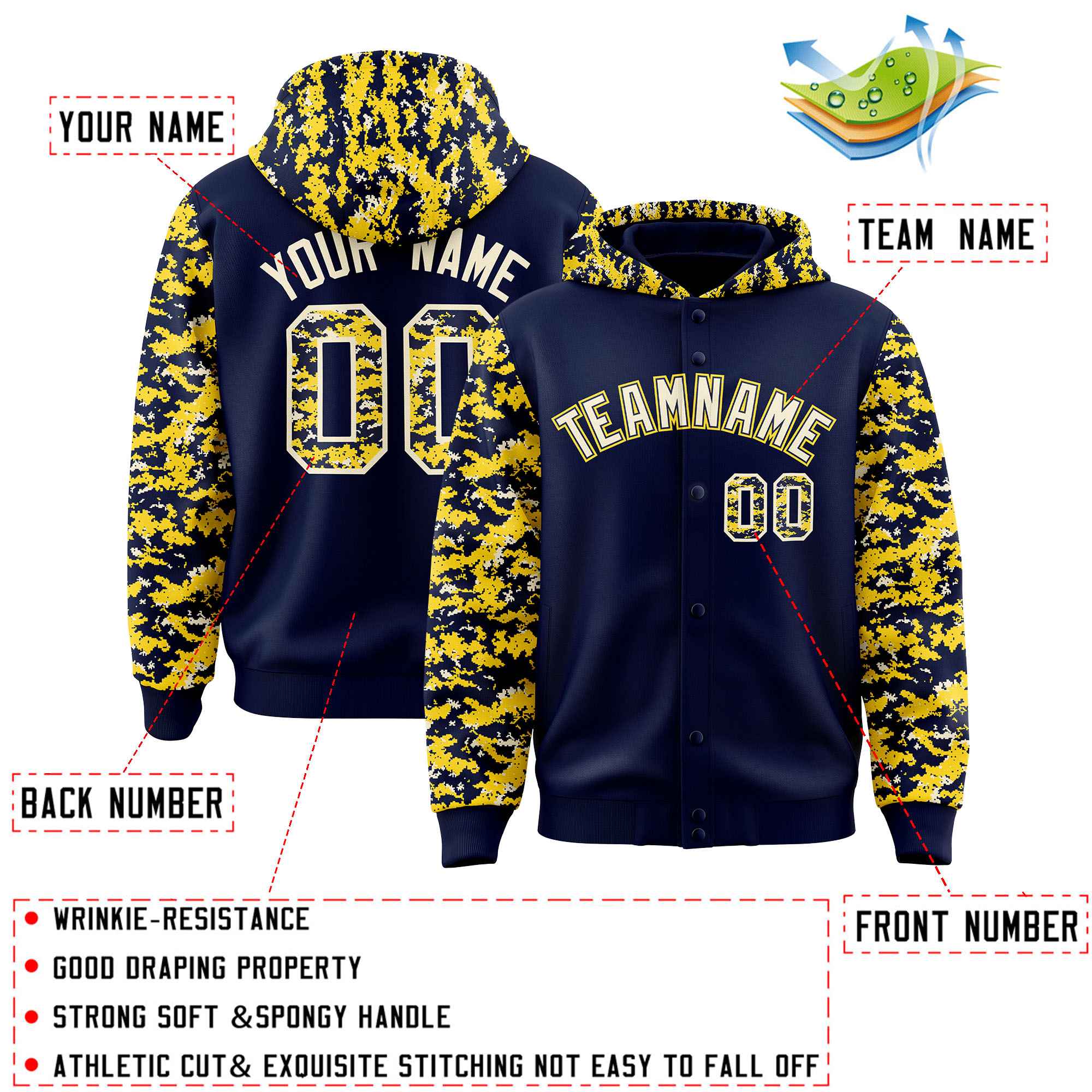 Custom Navy Gold-Cream Raglan Sleeves Varsity Full-Snap Letterman Camo Hoodie Jacket