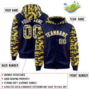 Custom Navy Gold-Cream Raglan Sleeves Varsity Full-Snap Letterman Camo Hoodie Jacket