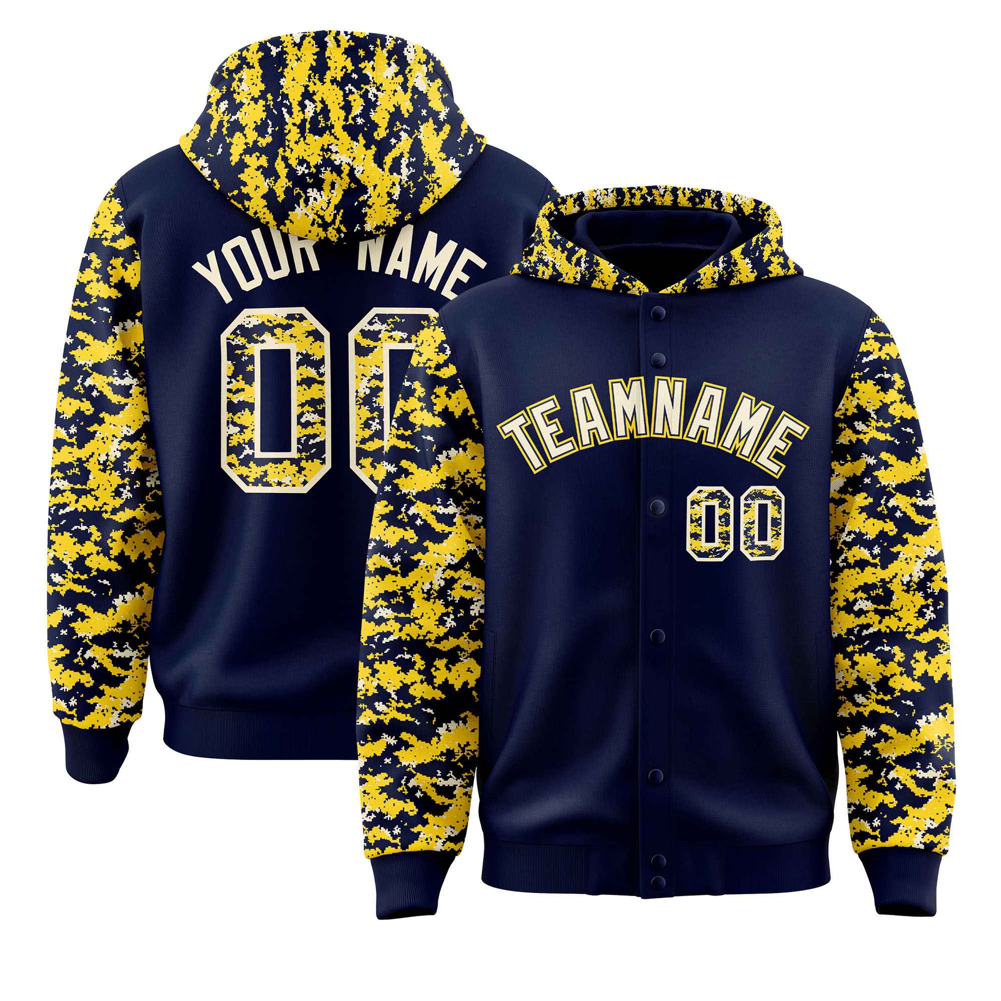 Custom Navy Gold-Cream Raglan Sleeves Varsity Full-Snap Letterman Camo Hoodie Jacket