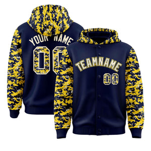 Custom Navy Gold-Cream Raglan Sleeves Varsity Full-Snap Letterman Camo Hoodie Jacket