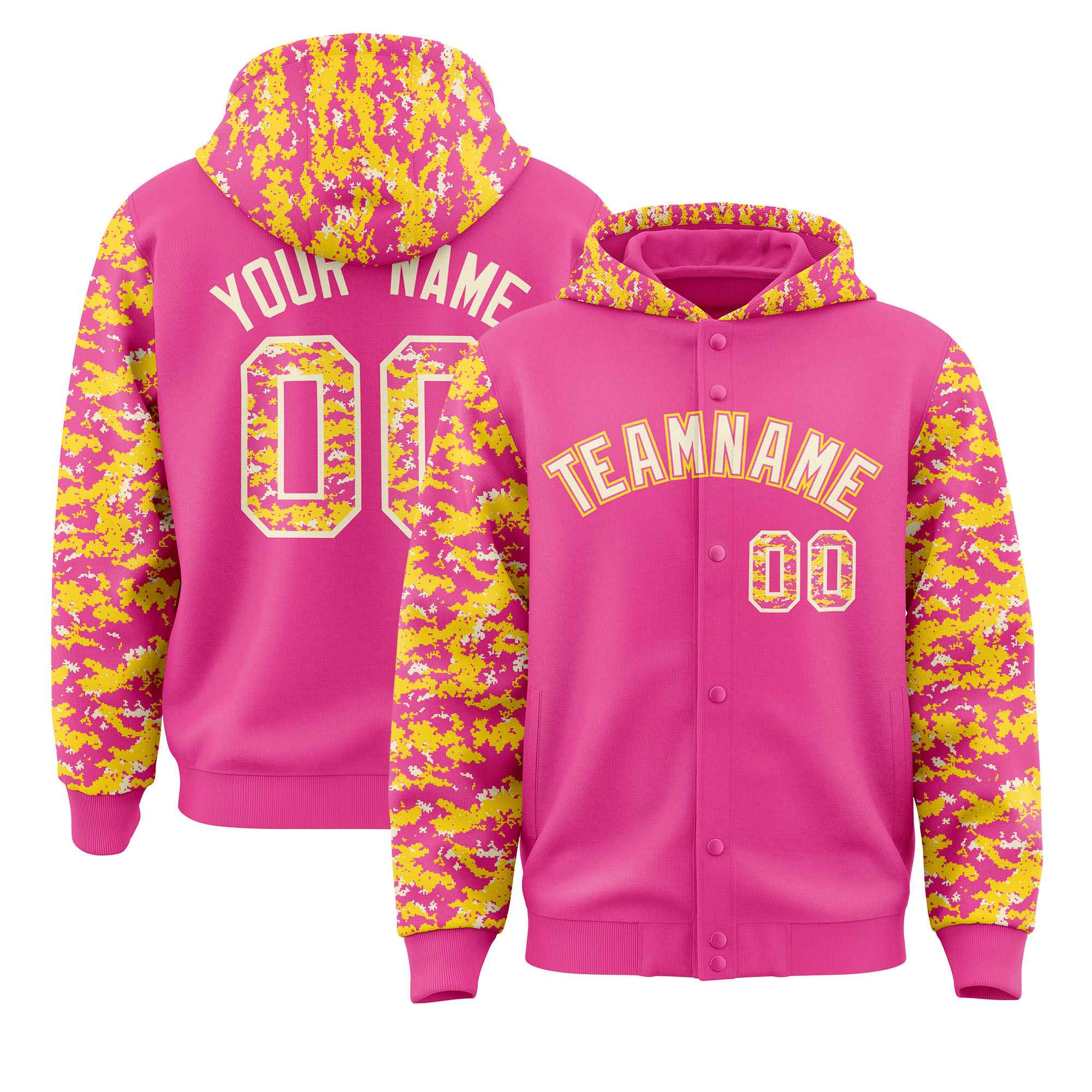 Custom Pink Gold-Cream Raglan Sleeves Varsity Full-Snap Letterman Camo Hoodie Jacket