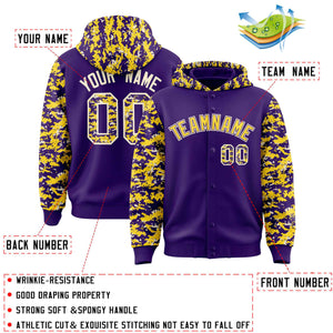 Custom Purple Gold-Cream Raglan Sleeves Varsity Full-Snap Letterman Camo Hoodie Jacket