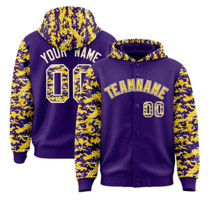 Custom Purple Gold-Cream Raglan Sleeves Varsity Full-Snap Letterman Camo Hoodie Jacket