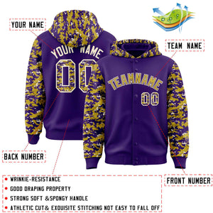 Custom Purple Old Gold-Cream Raglan Sleeves Varsity Full-Snap Letterman Camo Hoodie Jacket