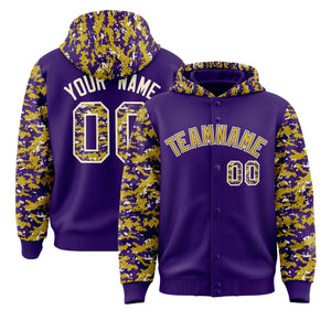 Custom Purple Old Gold-Cream Raglan Sleeves Varsity Full-Snap Letterman Camo Hoodie Jacket