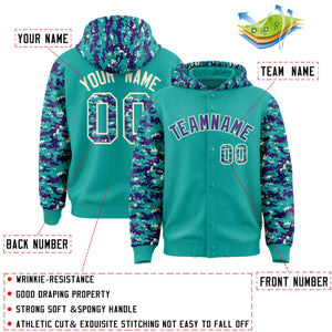 Custom Aqua Purple-Cream Raglan Sleeves Varsity Full-Snap Letterman Camo Hoodie Jacket