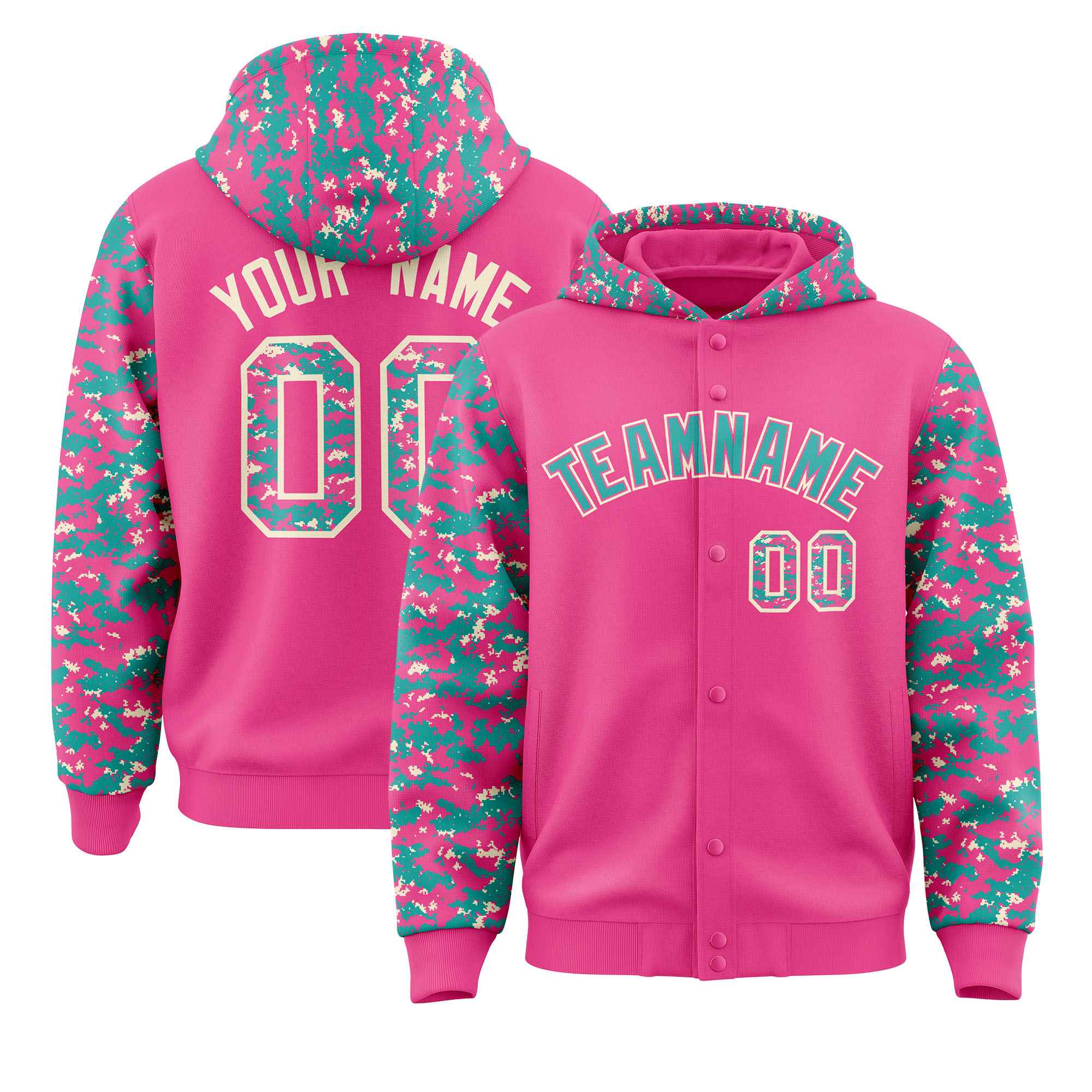 Custom Pink Aqua-Cream Raglan Sleeves Varsity Full-Snap Letterman Camo Hoodie Jacket