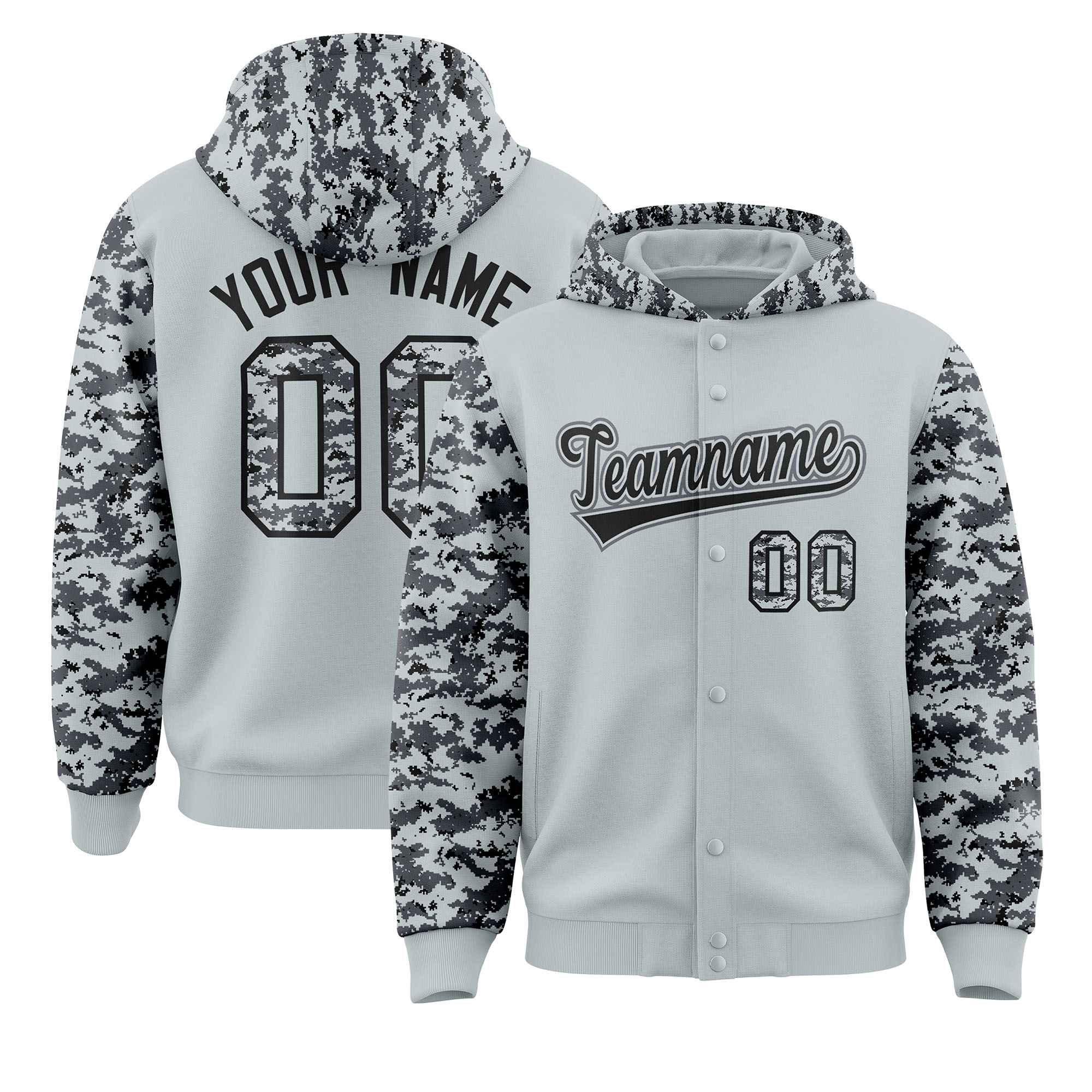 Custom Silver Gray-Black Raglan Sleeves Varsity Full-Snap Letterman Camo Hoodie Jacket