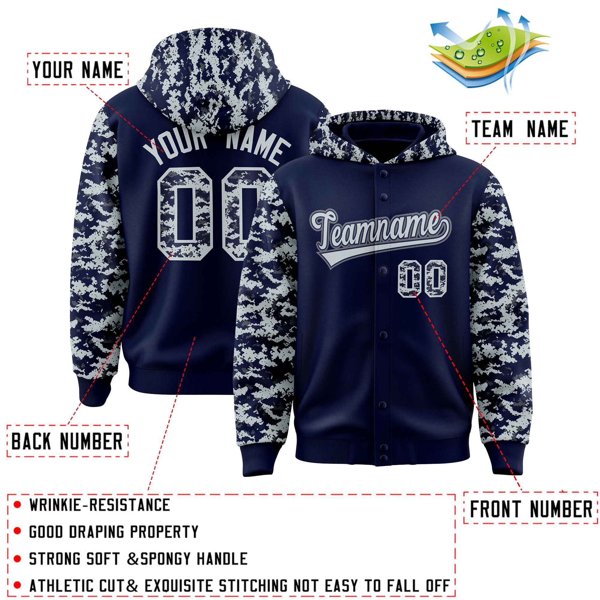 Custom Navy Silver-Gray Raglan Sleeves Varsity Full-Snap Letterman Camo Hoodie Jacket