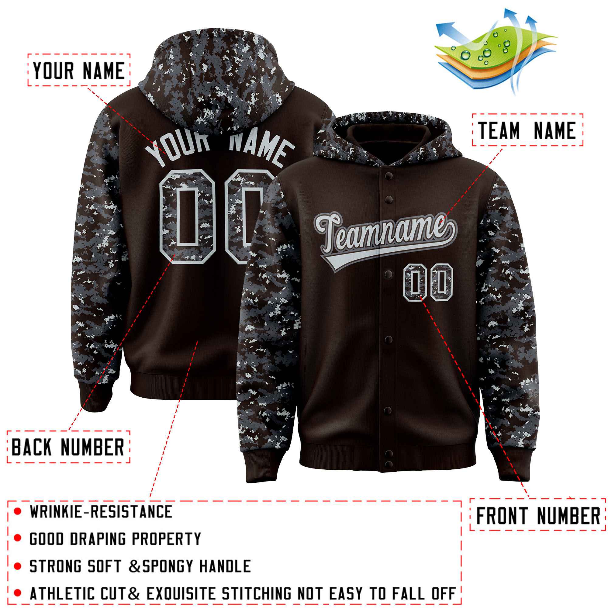 Custom Brown Gray-Silver Raglan Sleeves Varsity Full-Snap Letterman Camo Hoodie Jacket