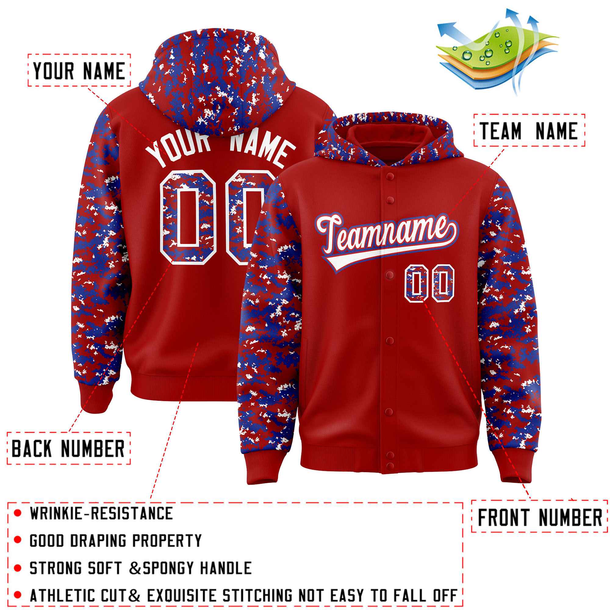 Custom Red Royal-White Raglan Sleeves Varsity Full-Snap Letterman Camo Hoodie Jacket