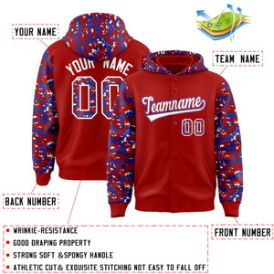 Custom Red Royal-White Raglan Sleeves Varsity Full-Snap Letterman Camo Hoodie Jacket