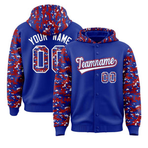 Custom Royal Red-White Raglan Sleeves Varsity Full-Snap Letterman Camo Hoodie Jacket