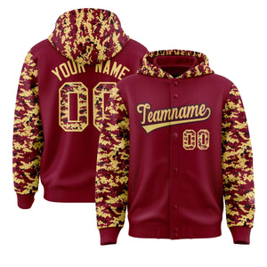 Custom Crimson Khaki-Black Raglan Sleeves Varsity Full-Snap Letterman Camo Hoodie Jacket