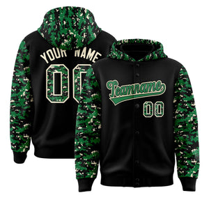 Custom Black Kelly Green-Cream Raglan Sleeves Varsity Full-Snap Letterman Camo Hoodie Jacket