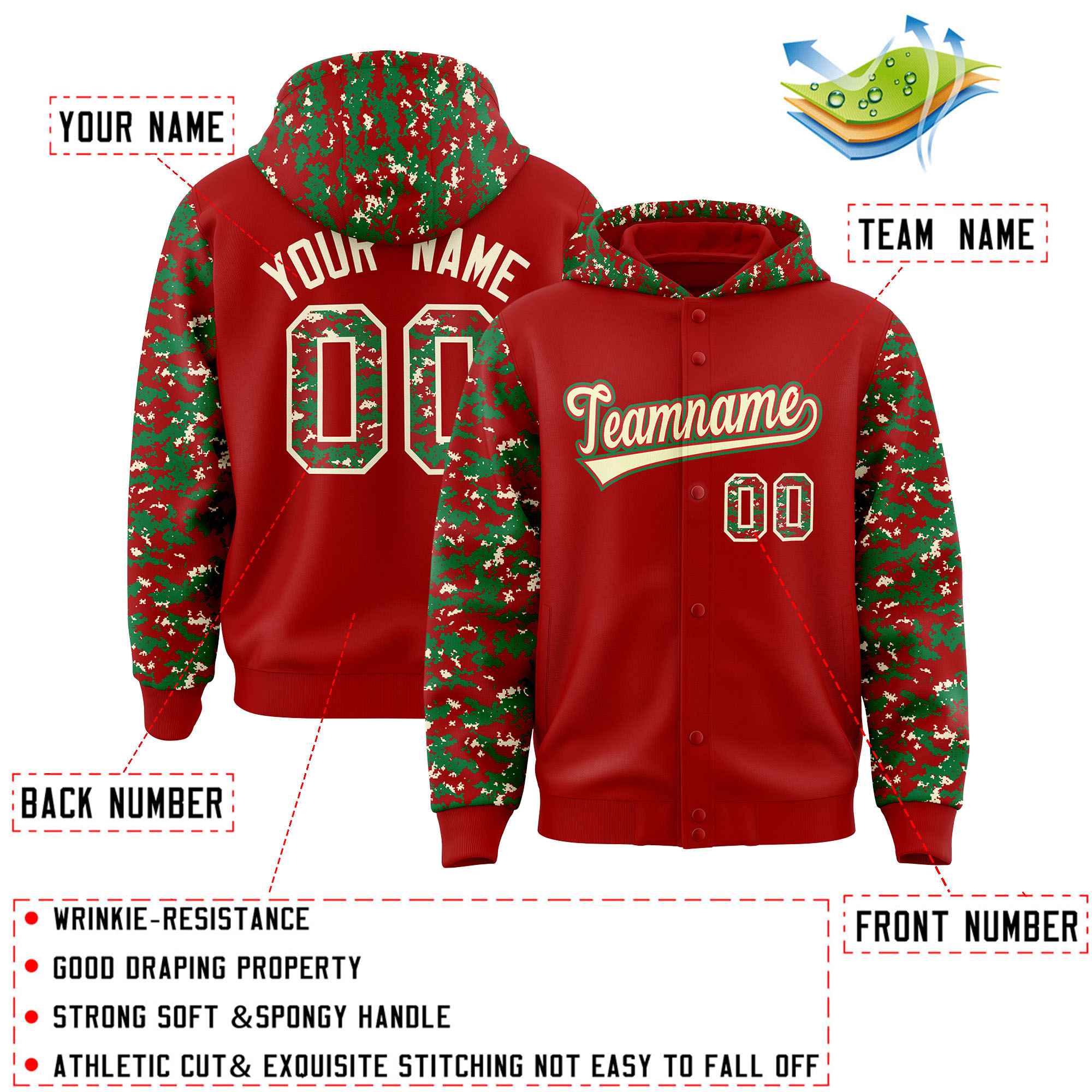 Custom Red Kelly Green-Cream Raglan Sleeves Varsity Full-Snap Letterman Camo Hoodie Jacket