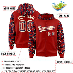 Custom Red Navy-Cream Raglan Sleeves Varsity Full-Snap Letterman Camo Hoodie Jacket