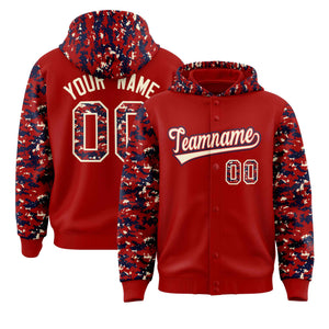 Custom Red Navy-Cream Raglan Sleeves Varsity Full-Snap Letterman Camo Hoodie Jacket