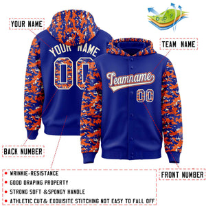 Custom Royal Orange-Cream Raglan Sleeves Varsity Full-Snap Letterman Camo Hoodie Jacket