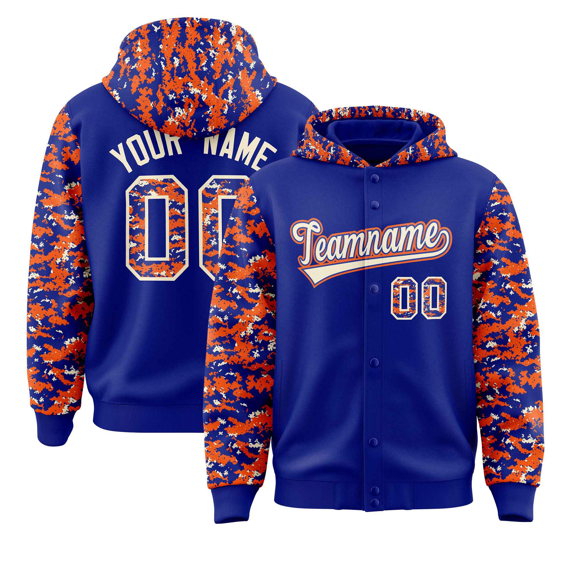 Custom Royal Orange-Cream Raglan Sleeves Varsity Full-Snap Letterman Camo Hoodie Jacket