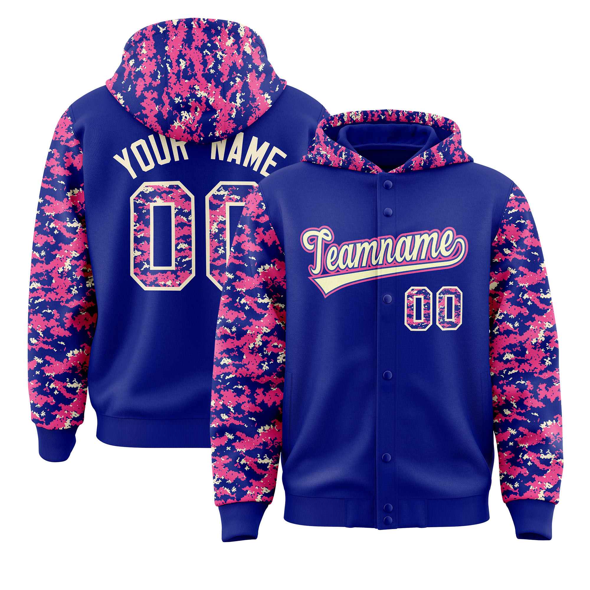 Custom Royal Pink-Cream Raglan Sleeves Varsity Full-Snap Letterman Camo Hoodie Jacket