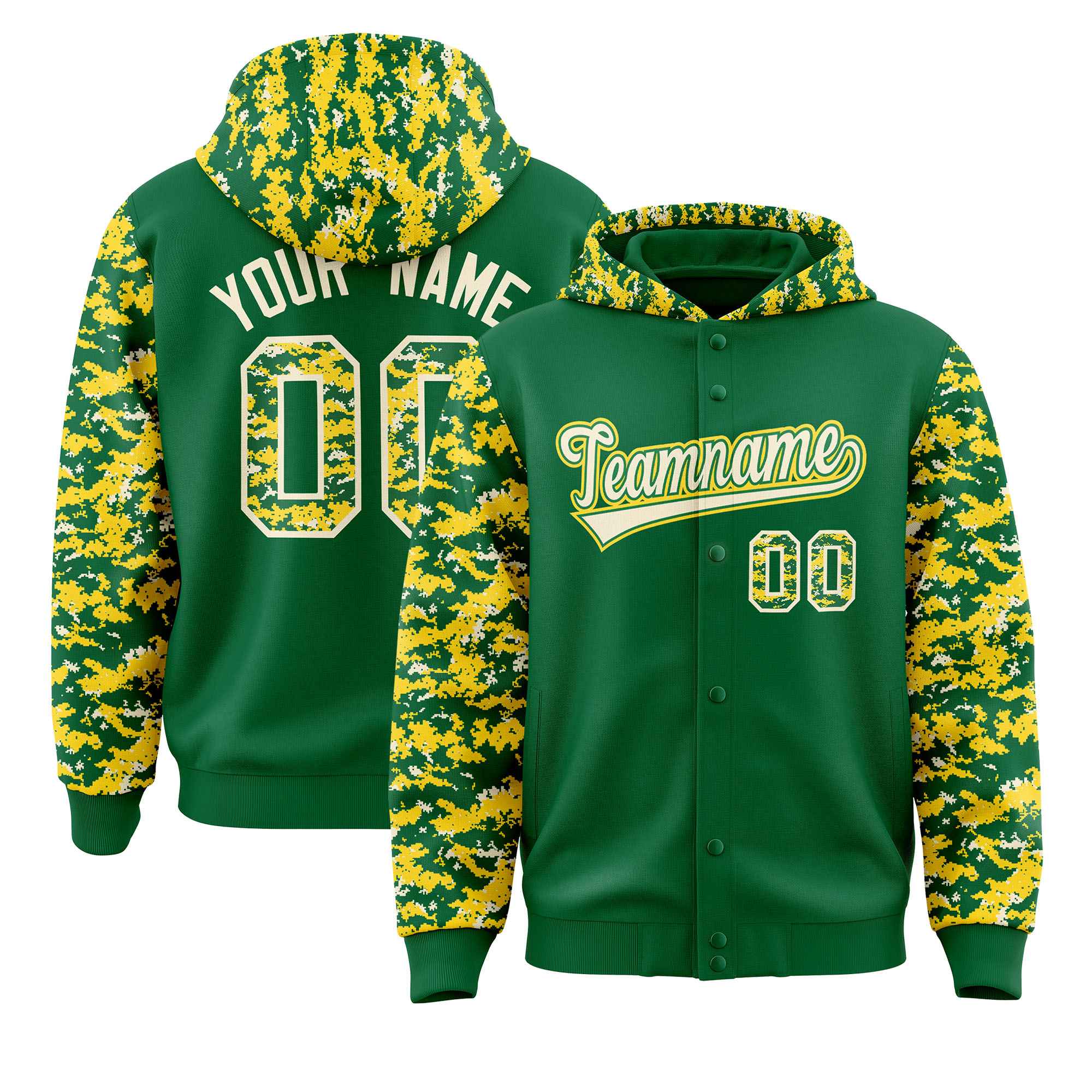 Custom Kelly Green Gold-Cream Raglan Sleeves Varsity Full-Snap Letterman Camo Hoodie Jacket