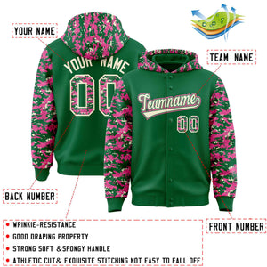 Custom Kelly Green Pink-Cream Raglan Sleeves Varsity Full-Snap Letterman Camo Hoodie Jacket