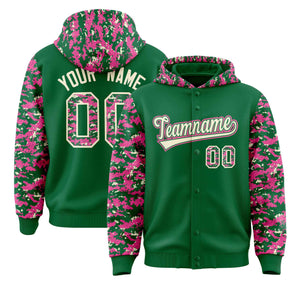 Custom Kelly Green Pink-Cream Raglan Sleeves Varsity Full-Snap Letterman Camo Hoodie Jacket