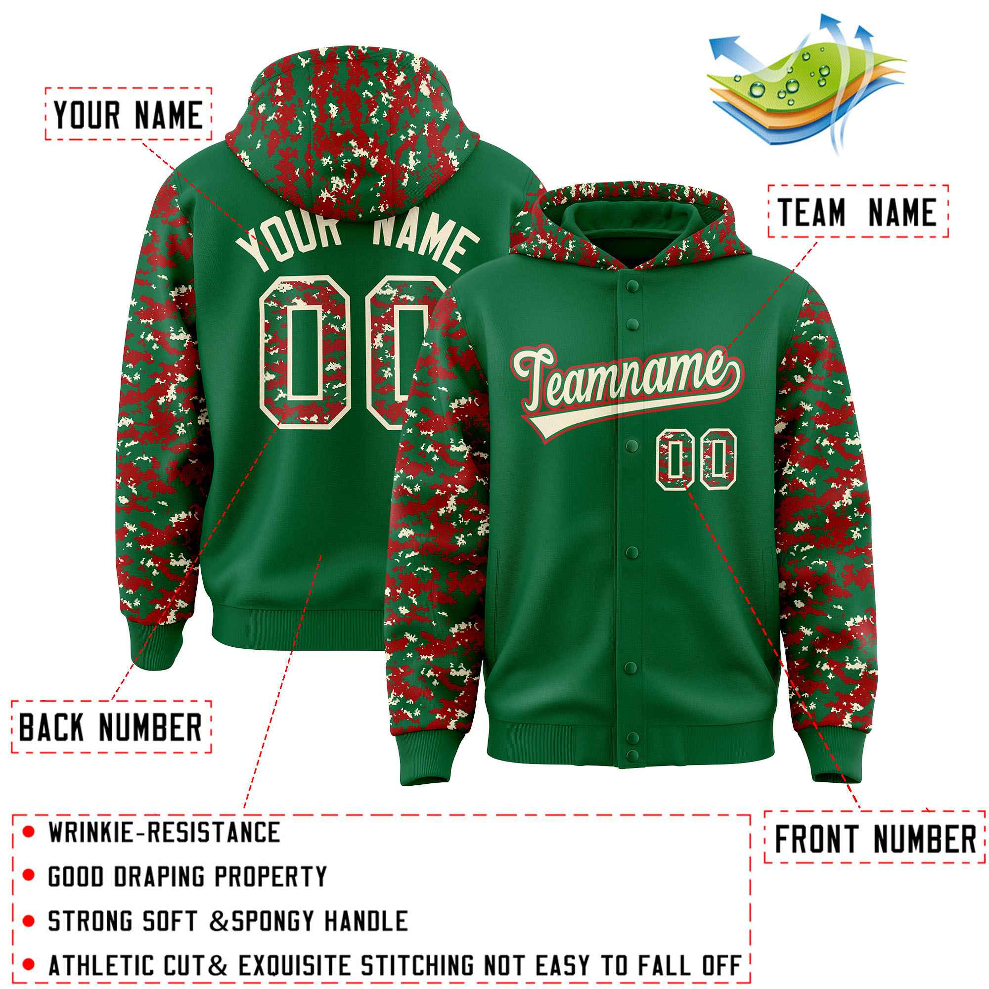 Custom Kelly Green Red-Cream Raglan Sleeves Varsity Full-Snap Letterman Camo Hoodie Jacket