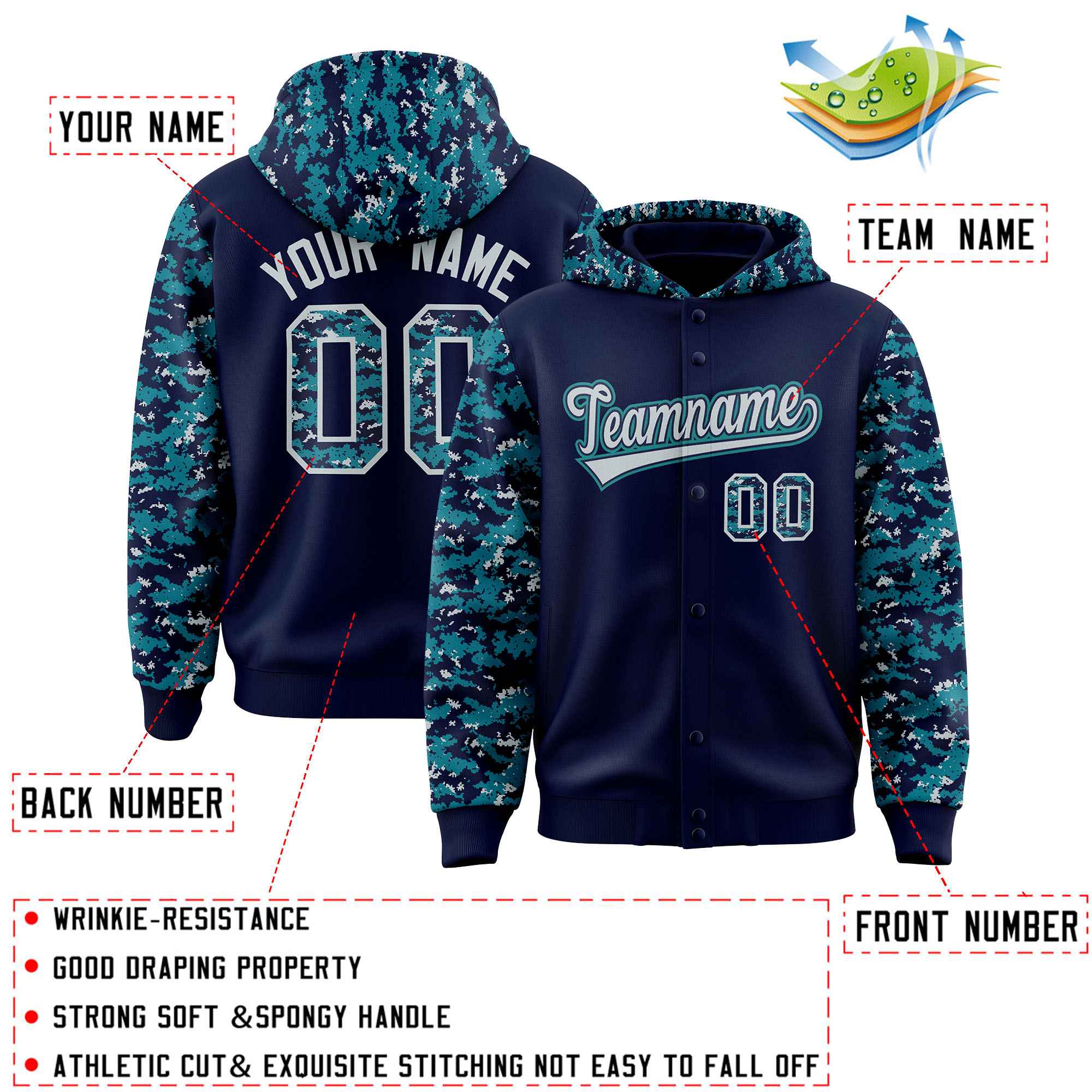 Custom Navy Aqua-Silver Raglan Sleeves Varsity Full-Snap Letterman Camo Hoodie Jacket