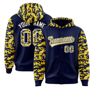 Custom Navy Gold-Cream Raglan Sleeves Varsity Full-Snap Letterman Camo Hoodie Jacket