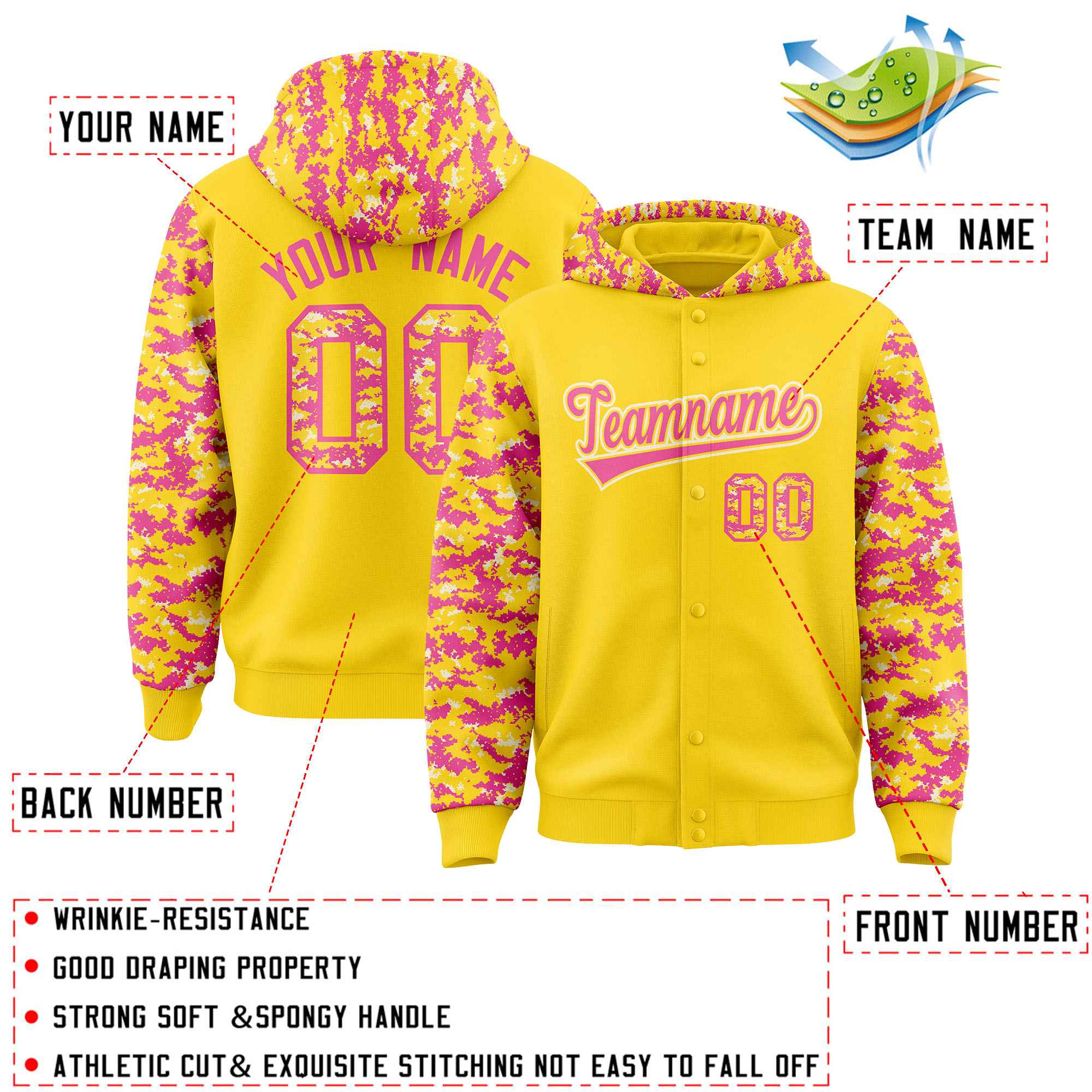 Custom Gold Pink-Cream Raglan Sleeves Varsity Full-Snap Letterman Camo Hoodie Jacket