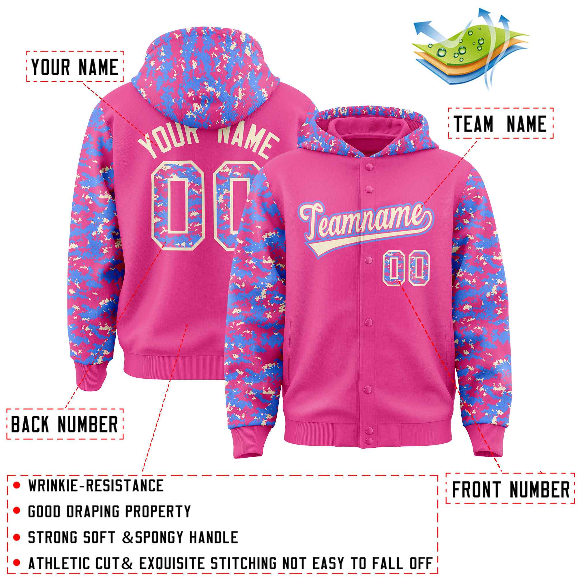 Custom Pink Powder Blue-Cream Raglan Sleeves Varsity Full-Snap Letterman Camo Hoodie Jacket